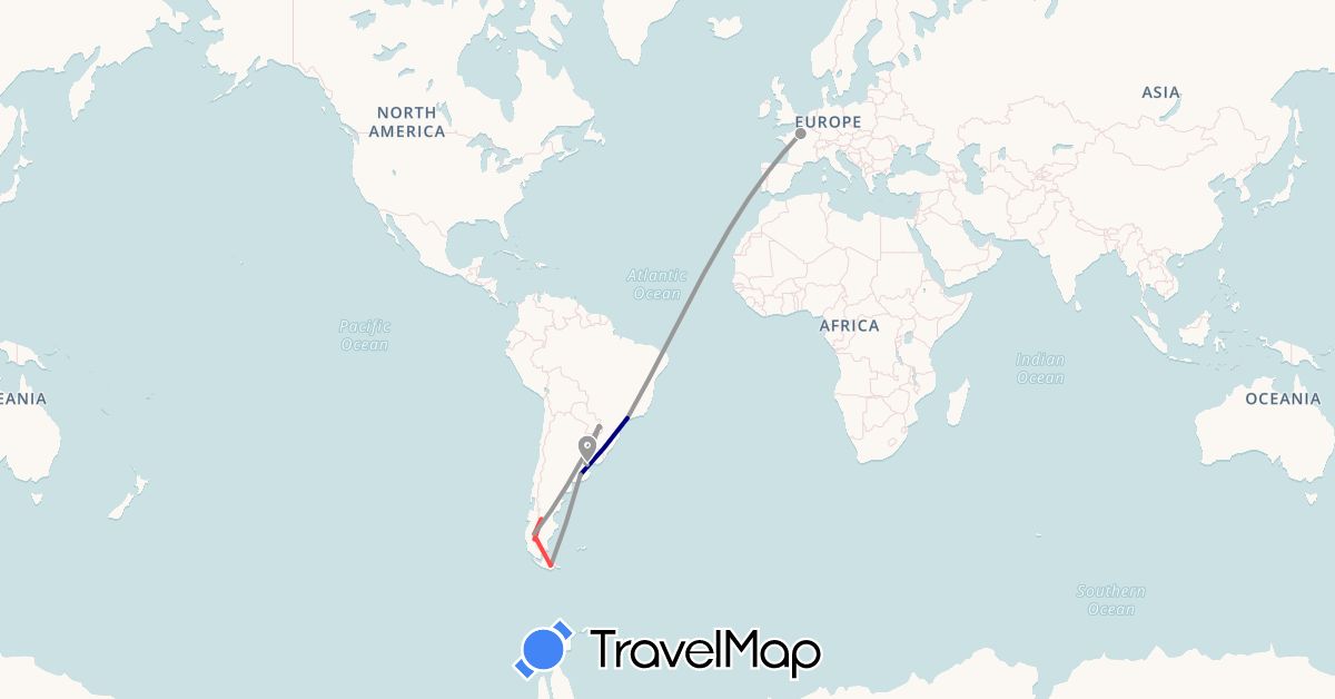 TravelMap itinerary: driving, plane, hiking in Argentina, Brazil, France (Europe, South America)